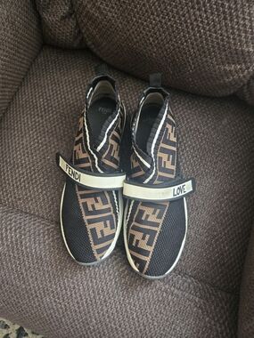 Fendi Brown & Black FF Logo Slip-On Sneakers with Branded Strap